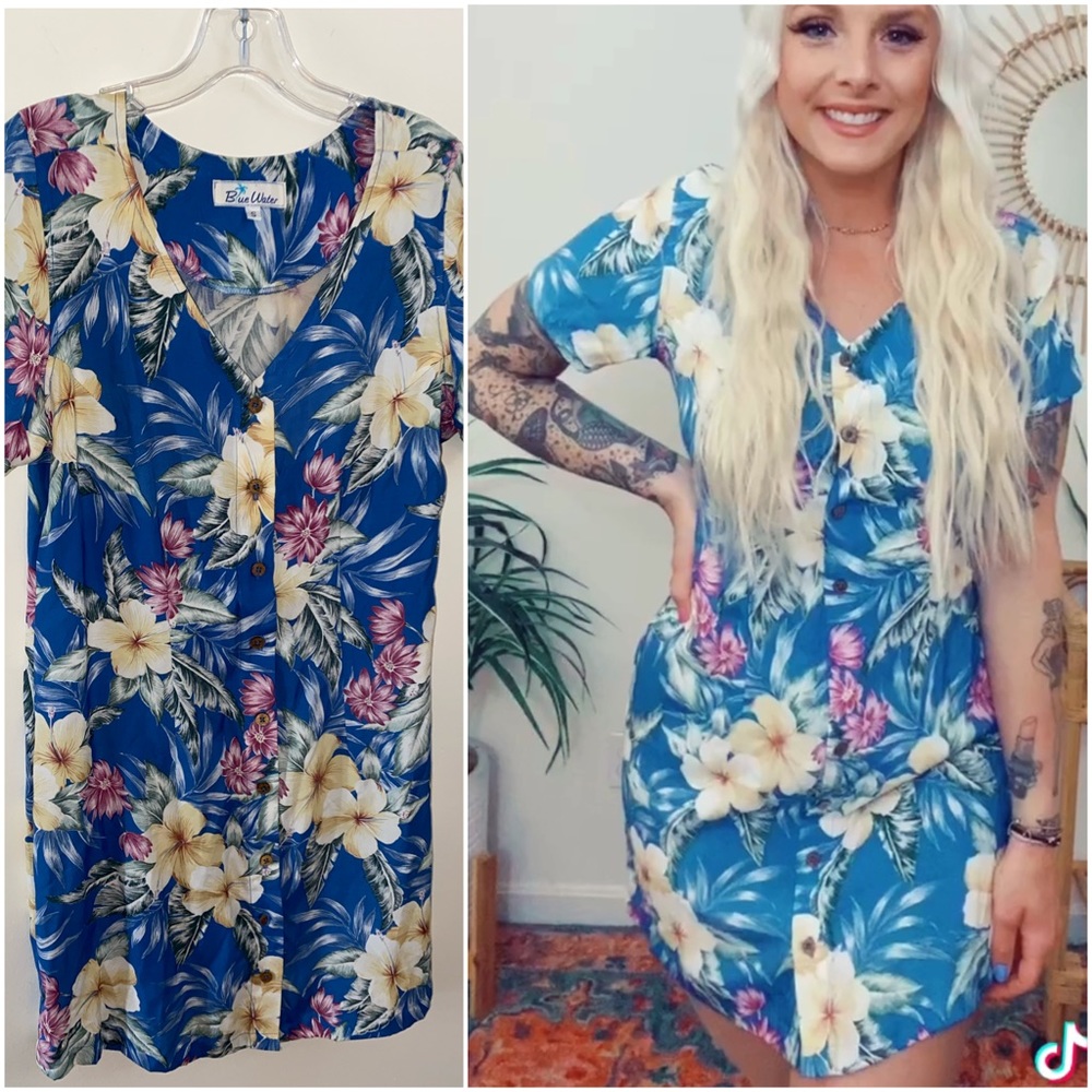 Blue Water Wear VTG Hawaiian Dress blue floral S